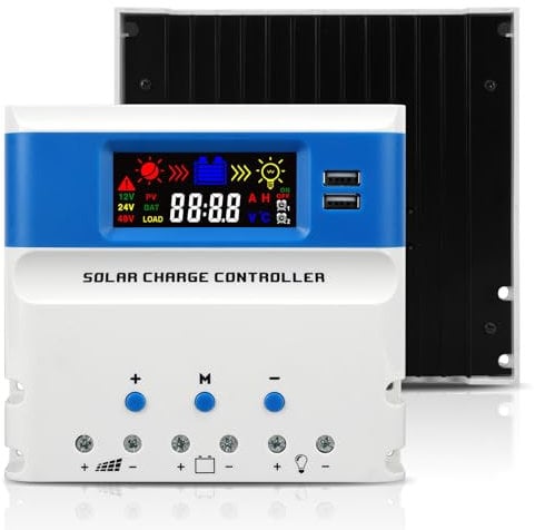 VIXKPIRR 60A PWM Laderegler Solar 12V/24V/48V Auto, PWM Solar Ladegerät Controller 60A für Solarpanel mit LCD Anzeige Dual USB Port, Solarladeregler 12V/24V/48V Solarregler für GEL/SLD/FLD/LI Batterie