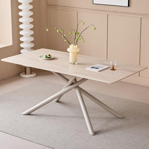 JZGORC Rechteckiger Esstisch, moderner Küchentisch, gespleißte MDF-Tischplatte 180×90 cm, Metallkreuzbeine, bietet Platz für 8-12 Personen (imitierter gelber Travertin)