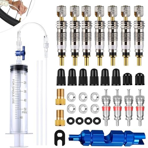 Füllmenge Tubeless Spritze 60ml, 33 Stück Ventilschlüssel Französisches Ventil und Tool Ventil Adapter Fahrradreifen für MTB Rennrad Tubeless Tire UST Notfallzubehör
