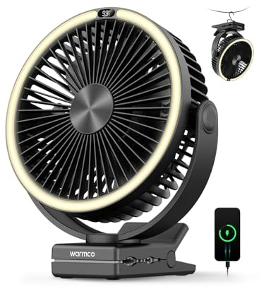 Warmco 15000mAh Portable Clip on Fan Rechargeable, 8 Inch Battery Powered Desk Fan, LED Lantern & Hook, 360° Rotate & 4 Speeds Strong Airflow for Camping Tent Office Outdoor Travel Golf Cart