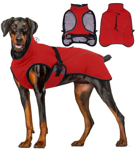 Hjyokuso Hundemantel Winter Wasserdicht, Warme Zweiteilige Hundejacke mit Fleecefutter, Winddichte Hundemantel für Kleine & Große Hunde, Weiche Winterjacke Hund für Kaltes Wetter, Rot L