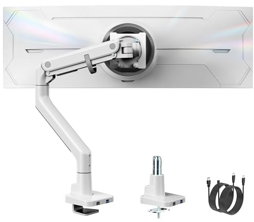 monTEK Einzelner Monitorarm mit USB-A/C für 17-57 Zoll (43,2–144,8 cm) ultrabreiten, gebogenen Bildschirm, Traglast 27 kg, verstellbare Monitor-Tischhalterung mit Neigungsdrehung, Gasfeder, 75/100