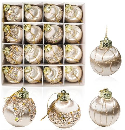 M&W DAS DESIGN Weihnachtskugeln Kugeln Weihnachtsbaum Christmas Decorations Christbaumkugeln Champagner Weihnachtskugeln Champagner Mini Klein Outdoor 4 Designs, jeweils 4Stück 6CM
