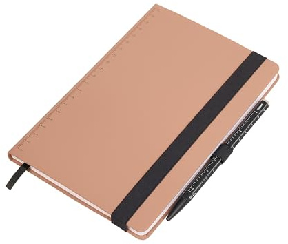 TROIKA Notizblock DIN A5 inkl. Kugelschreiber SLIMPAD A5 MOCHA Notizbuch 64 perforierte Blätter mit Punktraster Stiftschlaufe und Lesezeichen geprägtes Lineal aus Kunstleder und Metall Farbe braun