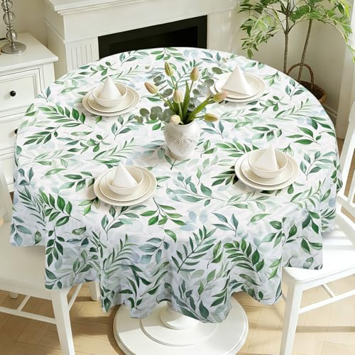 hometrixx Tischdecke Rund 180 Frühling Sommer Blätter Garten Dschungel Grün | Tischdecken Abwaschbar, Fleckabweisend, Pflegeleicht, Polyester Tischtuch, für Party Picknick Abendessen Küche Dekor