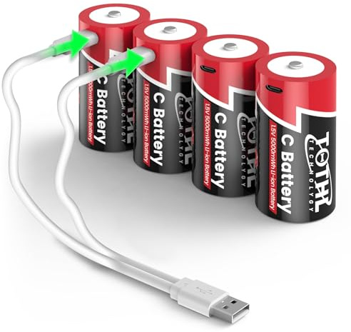 4-Pack Rechargeable Baby C Battery USB 2 in 1 Lithium C Battery Charging Cable, C Cell Li-ion Batteries, LR14 1.5V C Size Cell Battery Replacement 5000mWh for Floodlight Toys