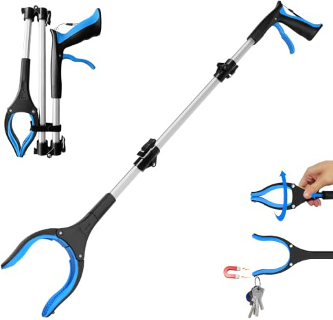 REWKCY Pinzas para recoger basura, 94 cm, para personas mayores, color azul | Cabezal giratorio de 360°, punta magnética, mordazas de silicona antideslizantes, para hogar, jardín y exterior, 1 unidad