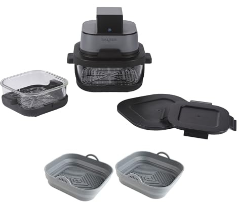 Salter Crisp & Go Portable Air Fryer and Square Air Fryer Basket Liner Set – 4L Capacity, 1.5L Container, 360° Viewing, PFAS-Free Trays, 4 Pre-sets, Non-Stick, Dishwasher Safe, BPA-Free Liners, 1500W