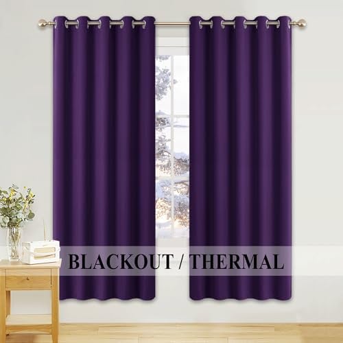 PONY DANCE Purple Blackout Thermal Curtains- Super Soft Eyelet Energy Saving Noise Reducing Curtains Privacy Protected Panels for Sliding Glass Door/Living Room, 2 Panels, W 66 by D 72 Inch
