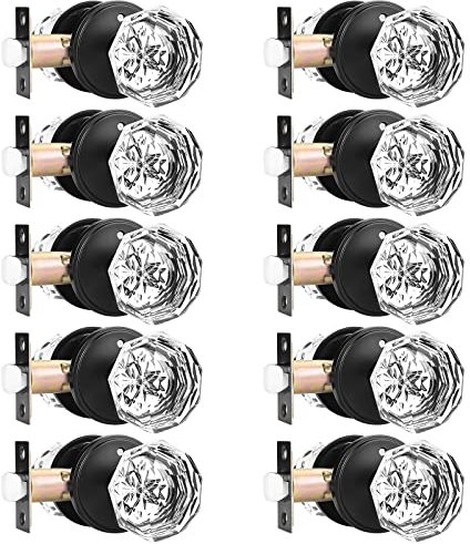 Orger 10 Pack Glass Door Knobs with Flat Black Rosette, Bath/Bed Door Knobs for Privacy Use, Keyless Interior Door Handles with Diamond Shape Crystal Glass and Zinc Alloy Base