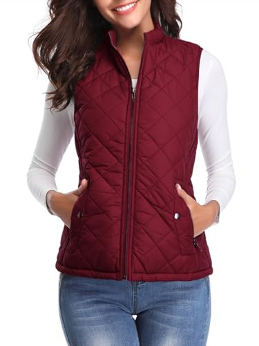 fuinloth Damen Weste, Herbst Leichte Steppweste Westen Ärmellos Jacke Kurz Vest Gilet Wein Rot XXL