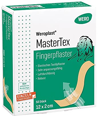 WERO Weroplast® MasterTex Fingerplåster 12 x 2 cm, 50 st/Pkg | elastiskt och robust textiltyg, mycket anpassningsbart, längs- och tvärelastiskt, luftgenomsläppligt och hudvänligt