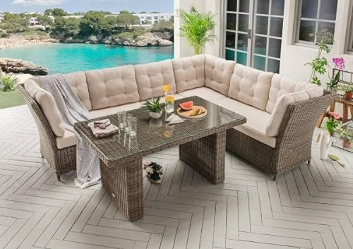 Beauty.Scouts XL Dininglounge Randy Vintage braun 2er-Set Polster Natur Loungesofa Tisch Garten Gartenmöbelset Loungeset Sitzgruppe Gartengruppe Essgruppe Balkon