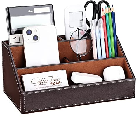 Richblue Stiftehalter Schreibtisch, Schreibtisch Organizer PU Leder Büro Desk Organizer Stiftebox Stifteköcher (5 Fächern-Braun)