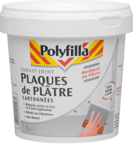 Polyfilla Enduit-Joint Plaques de Plâtre Cartonnées - Renforcé en Fibres - Sans retrait - Blanc 1 L