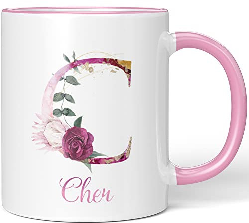 JUNIWORDS Tasse, Cher, Name Anfangsbuchstabe Initial Alphabet Floral Buchstabe C Monogramm Motiv, Rosa (5501202)