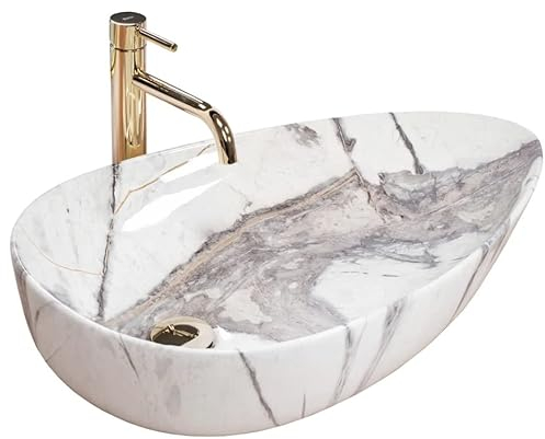 Rea Aufsatzwaschbecken GRETA 65 THUNDER SHINY Waschtisch Handwaschbecken Waschschale Waschbecken für Badezimmer aus hochwertiger Keramik 655 x 390 x 135 mm (Weiß, Marmorimitat)