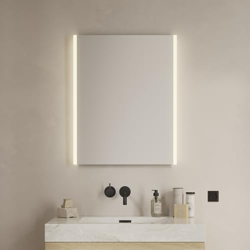 Loevschall Lago Badspiegel mit Beleuchtung, 60x75 cm, modernes Design, LED-Badspiegel mit Front- und Hintergrundbeleuchtung, Lichtqualität CRI 95 für Natürliche Farben, IP44-zertifiziert, Hohe Lumen