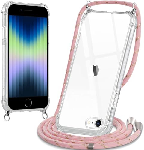 Oelrstfe Funda para iPhone 8/iPhone SE 2020/iPhone 7/SE 2022 con Cuerda, Transparente TPU Suave Silicona Carcasa con Correa Colgante Ajustable Collar para iPhone 8, Rosa