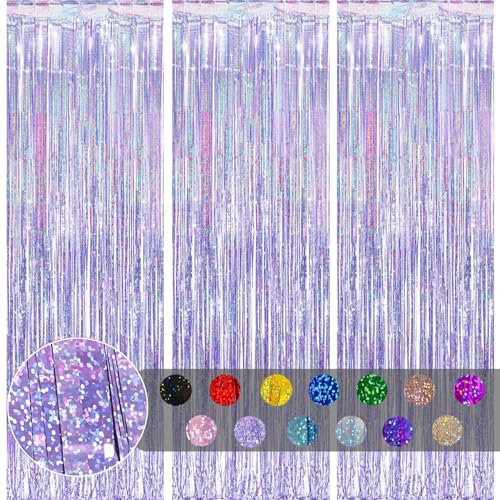 3pcs Tinsel Curtain Pastel Light Purple Glitter Foil Door Curtain Party Backdrop,3.2x6.5ft Foil Fringe Curtain Shimmer Curtains Backdrop Decoration for Girls Birthday Unicorn Mermaid Princess Party