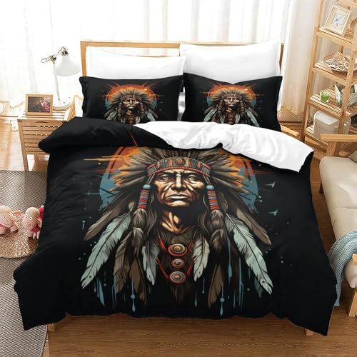 FWLYIJIAREN Indianer 3D Print Bettbezug Set, Sanft Mikrofaser Für Mädchen Jungs Kinder Bettwäsche Set 3teilig Mit ReiBverschluss Und KissenbezugSuper King(260x220cm)