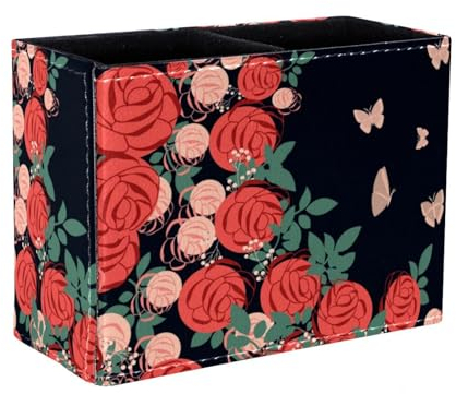 Eslifey Pen Holder Square Pencil Holder for Desk, Roses with Butterflies Pen Pot Pen Cup Makeup Brushes Holder Stand Display Desk Stationery Organiser for Home Office School