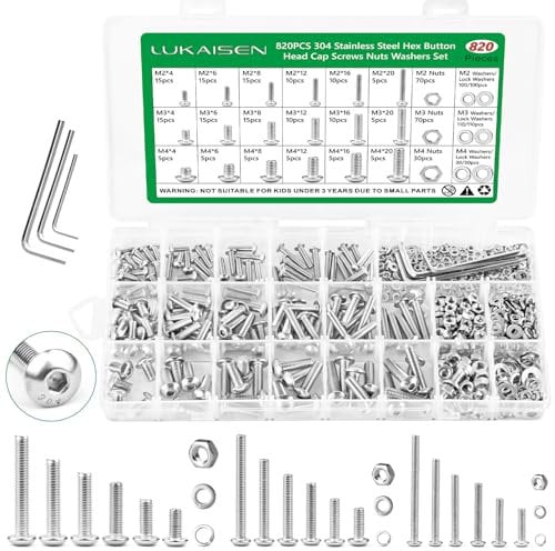 820PCS Screws and Nuts, M2 M3 M4 Metric Bolts and Nuts Assortment, 304 Stainless Steel Hex Button Head Cap Lock & Flat Washers Bolts Assortment Kit with 3 Wrenches for 3D Printer Furniture Industrial