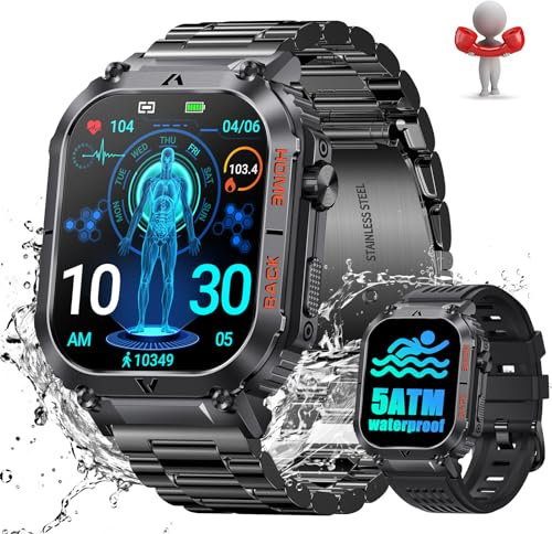 Smartwatch Herren mit Telefonfunktion, 5ATM Wasserdicht Militär Smartwatch mit Kompass, 2,02 Robuste Outdoor Touchscreen Uhren mit 24H Gesundheits-Screening, 110+ Sportmodi Fitnessuhr für Android iOS