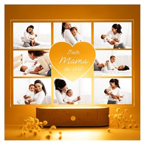 Geschenkfreude personalisiertes Acrylglas Bild Beste Mama der Welt - Foto Nachtlicht mit LED - Geschenke für Mutter Deko - personalisierte Geschenke Mama - Fotogeschenke - 8 Fotos Geburtstagsgeschenk