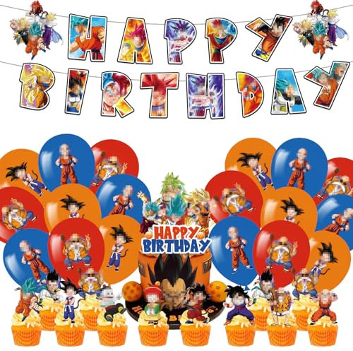 44Pcs Goku Festa di Compleanno Decorazione Set, con Palloncini Goku, Striscioni di Compleanno e Cake Topper, Decorazioni per Feste di Compleanno per Bambini, Accessori di Decorazione a Tema Anime