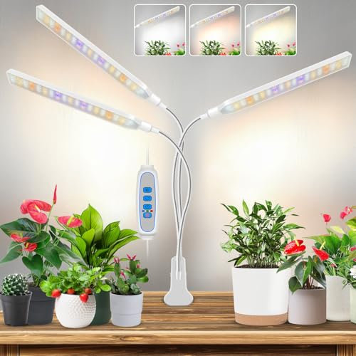 Kullinss White Grow Lights for Indoor Plants, Clip On Plant Light with 6/12/16H Timer, 3 Color Modes, 5 Brightness,171 LEDs Full Spectrum Grow Light with DC Plug, Ideal for Bonsai, Herbs, Seedlings
