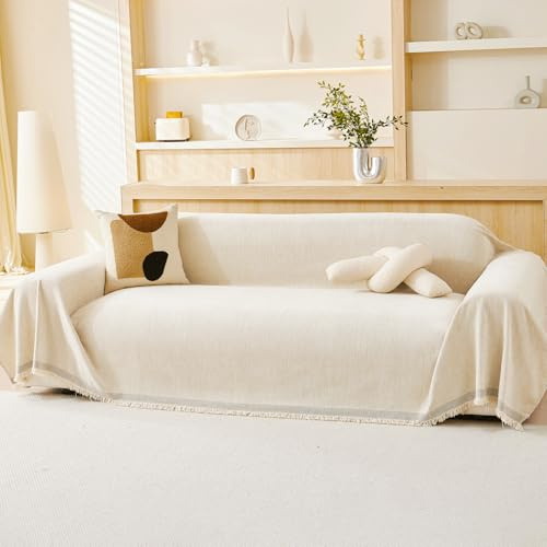 VANJOROY Sofaüberwurf aus 100 % Chenille, natürlich, für 3- und 4-Sitzer, extra große Überwürfe für Sofas, natürlicher, luxuriöser weicher Überwurf für Stuhl, Couch und Bett, Cremebeige, 180 x 380 cm