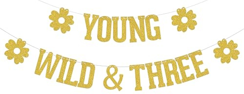 Banner Young Wild & Three, groovige Dekoration zum 3. Geburtstag, Partyzubehör für Mädchen, Roségold, Glitzer