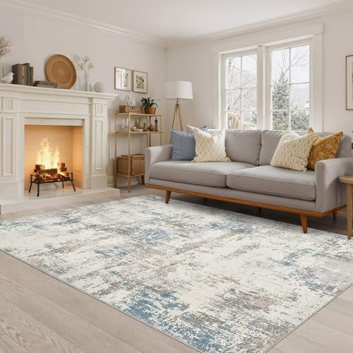 DMOYEST Teppich Wohnzimmer 160x230cm Modern Beige Blau Braun Waschbar | Kurzflor Weich Maschinenwaschbar Rutschfest, Kinder und Haustierfreundlich für Schlafzimmer, Esszimmer und Büro