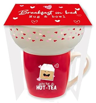 CHACH Breakfast in Bed Valentine's Day Mug and Bowl Set, Red and White Ceramic, Heart Pattern Design, Dishwasher Safe, Hot-Tea Slogan Print