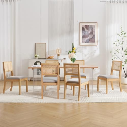 Relbiety Esszimmerstühle 6er Set ohne Armlehnen Leinen Grau,Modern Küchenstuh mit Rattan Rückenlehne Polsterstuhl Leinen für Esszimmer,Küche,Wohnzimmer
