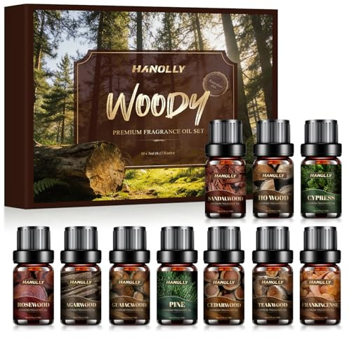 Hanolly Holziger Ätherische Öle Set, 10 x 5ml Essential Oils Duftöle für Diffuser, Kerzen- Sandelhol, Zedernholz, Rosenholz, Ho-Holz, Weihrauch, Kiefern, Adlerholz, Teakholz, Zypressen, Guajakholz