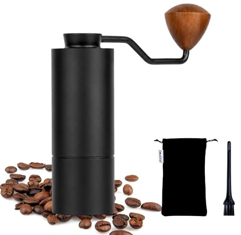 DouzDaz Compact Manual Coffee Grinder with Stainless Steel Burr, Black | 24-Grid Adjustment System, High Precision Control, with Wooden Handle, Single Dose Design, for Home, Travel, Camping and Gift