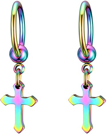 JewelryWe Kreuz Ohrringe Herren Damen: Klassische Edelstahl Creolen Huggie Kreolen Ohrstecker Ohrhänger mit Kruzifix Kreuz Anhänger Hängende Ohrringe für Frauen Männer Regenbogen Farbig