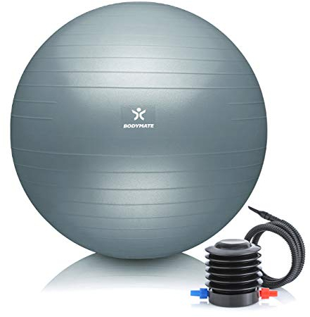 BODYMATE Gymnastikball Sitzball Trainingsball mit GRATIS E-Book inkl. Luft-Pumpe, Ball für Fitness, Yoga, Gymnastik, Core Training, für starken Rücken als Büro-Stuhl COOL-Grey-Blue 65cm
