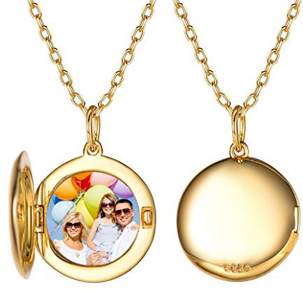 Silvora Personnalisé Collier Photo Médaillon Argent Femme, Pendentif Porte Photo Gravé Noms avec Femme Chaîne Plaqué 18 carats