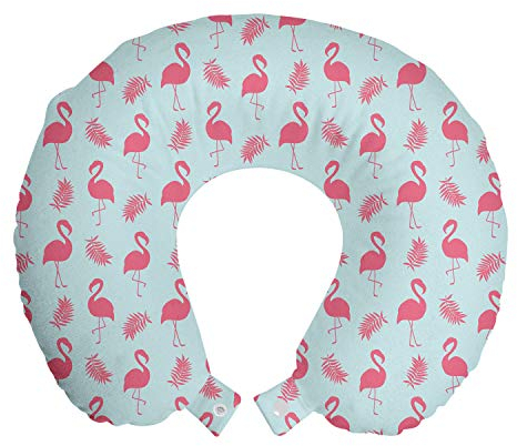 ABAKUHAUS Kunstwerk Reisekissen Nackenstütze, Flamingo und Blätter, Schaumstoff Reiseartikel für Flugzeug und Auto, 30x30 cm, Getrocknete Rose und Baby Blue