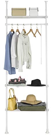 SoBuy Portant à vêtements télescopique solide - Penderie ouverte réglable avec tringles et étagères, Porte manteau pour chambre/dressing, Blanc KLS07-W