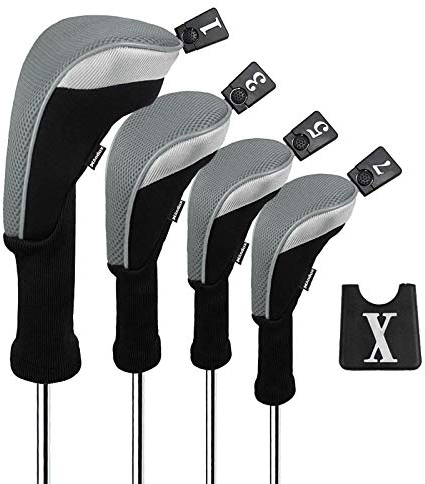 Andux Golf 460cc Driver Kopfhüllen Golfschläger mit langem Hals Holzkopfhüllen 4 Stück Grau