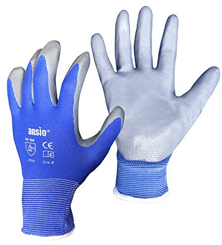 ANSIO Work Gloves, PU Coated Safety Gloves, L Size 9, 24 Pairs, Blue/Grey | Flexible palm design for improved grip and control during DIY, warehouse, gardening and general handling tasks