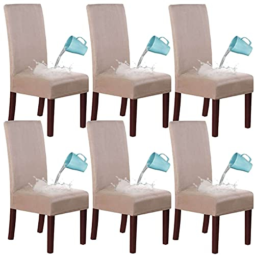 CLGTY Stretch Wasserdicht Stuhlhussen, Stretch Wildleder Stoff Abnehmbar Stuhlbezug Sitzbezüge, Stuhlhussen Für Küche Hotel-Khaki-6er Set