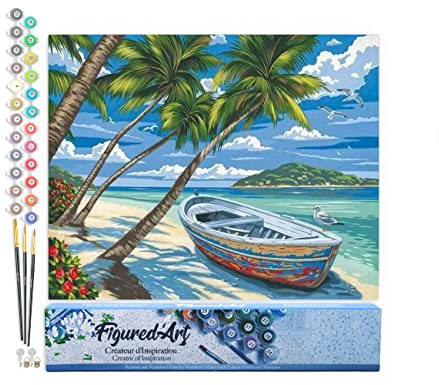 Figured'Art Malen Nach Zahlen Erwachsene Boot unter den Palmen - Paint by Numbers Basteln DIY Bastelset 40x50cm ohne Holzrahmen