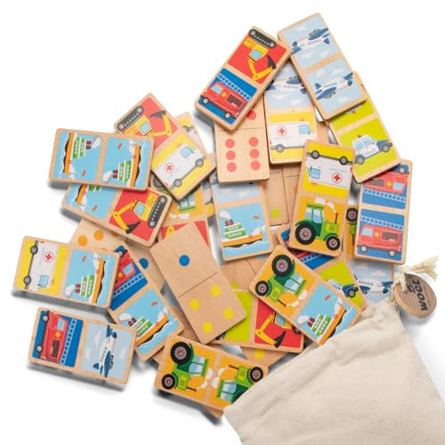 Woet Fahrzeug-Domino aus Holz | Bilderdomino, Fahrzeug-Zuordnungsspiel, Holz-Dominosteine, Familienspiel, Lernspielzeug, Aufbewahrungsbeutel, ab 2 Jahren