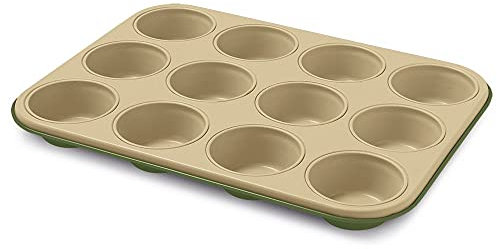 Guardini, Stampo 12 muffins 27x35 cm, Acciaio con rivestimento antiaderente a base di Cera di Carnauba, Colore verde/beige, Made in Italy, Linea B-Nat