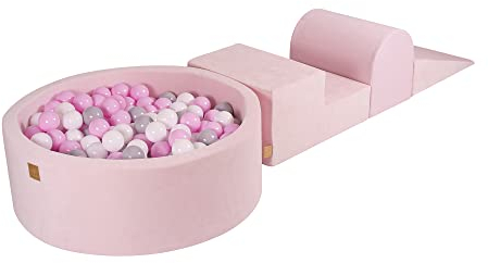 MEOWBABY Spielplatz aus Schaumstoff mit Bällebad 240x45cm - Schaumspielset mit 200 Bälle für Kinder, Velvet, Hellrosa: Hellrosa/Grau/Weiß